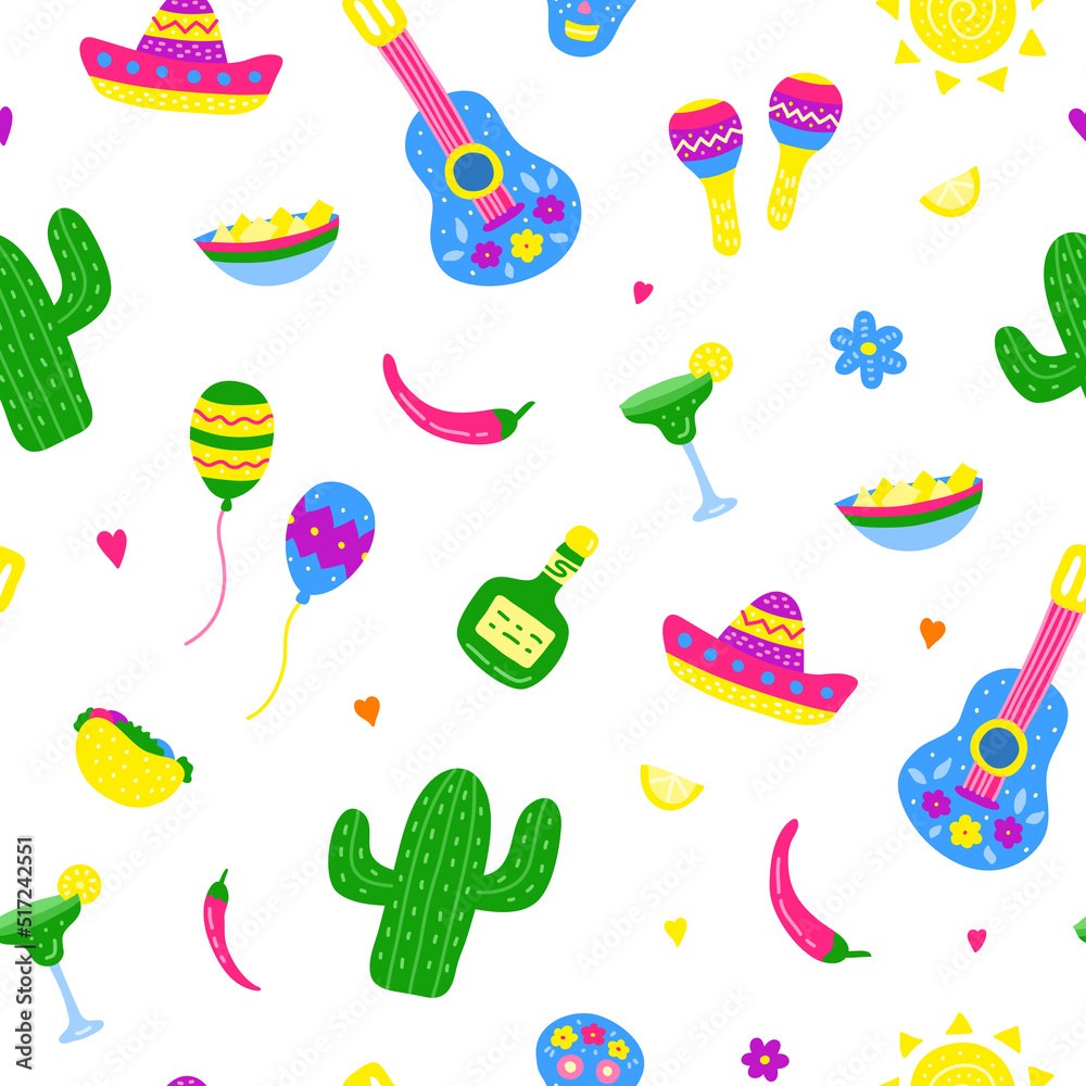 Seamless pattern with doodle Cinco de mayo icons. Seamless pattern with doodle Cinco de mayo icons.