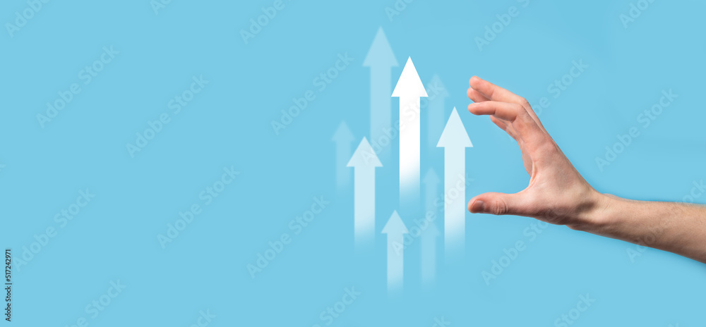 Businessman hold sales data and economic growth graph chart. Business planning and strategy. Analysing trading of exchange. Financial and banking. Technology digital marketing.Profit and growing plan. - obrazy, fototapety, plakaty 