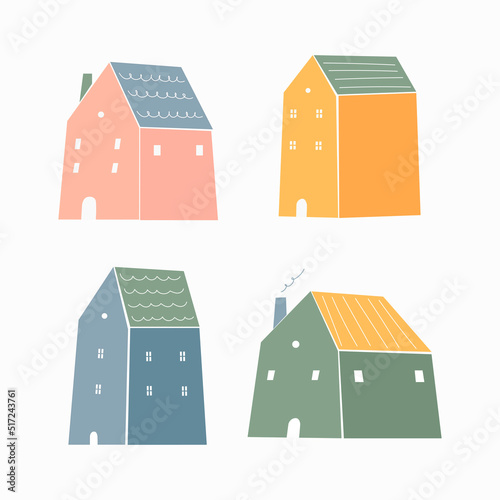 Set of cute little houses in flat style. Kids vector illustration in scandinavian style.