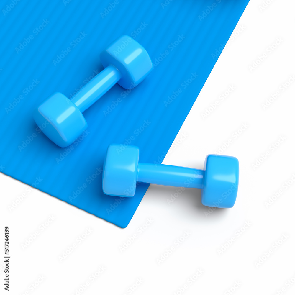 Isometric view of sport equipment like yoga mat and dumbbell on white