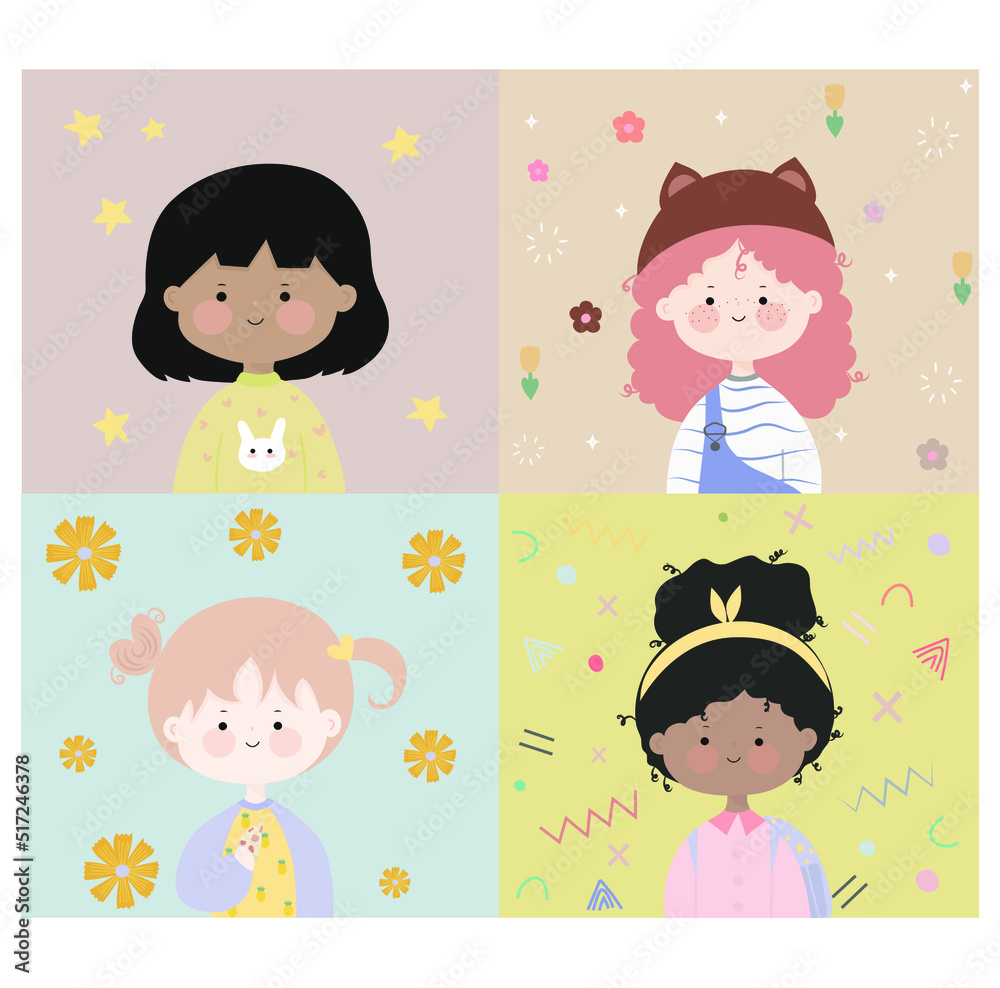 Cute girls vector cartoon set. Happy girl characters. Cute girls vector cartoon set. Happy girl characters.