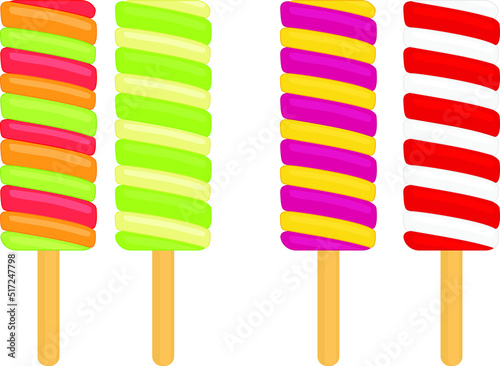 Summer dessert. Frozen juice, fruit ice. Frozen summer dessert. Ice on a wooden stick. Refreshing vector illustration
