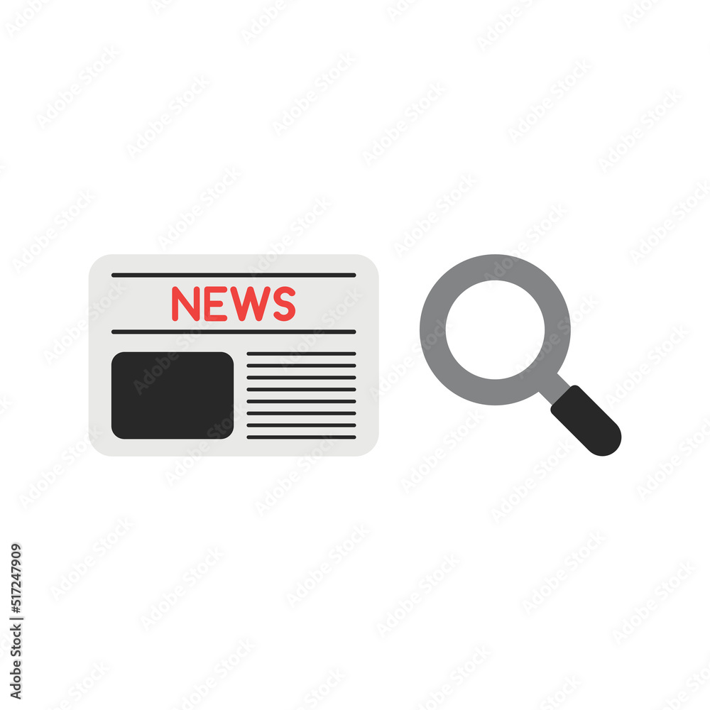 Looking at the newspaper with a magnifying glass, examining, reading, flat vector illustration Looking at the newspaper with a magnifying glass, examining, reading, flat vector illustration