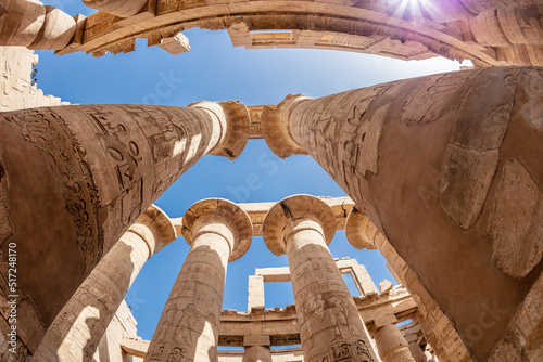 Different hieroglyphs on the walls and columns in the Karnak temple. Karnak temple is the largest complex in ancient Egypt.