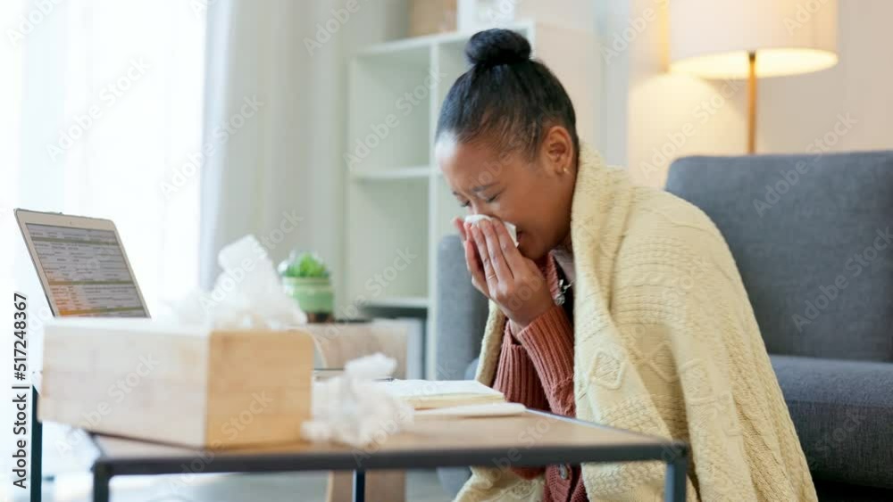 Sick business woman with the flu, blowing her nose while working from home. A young female, ill with a cold, struggling to work remotely. Feeling unwell and under the weather, quarantined with covid Sick business woman with the flu, blowing her nose while working from home. A young female, ill with a cold, struggling to work remotely. Feeling unwell and under the weather, quarantined with covid