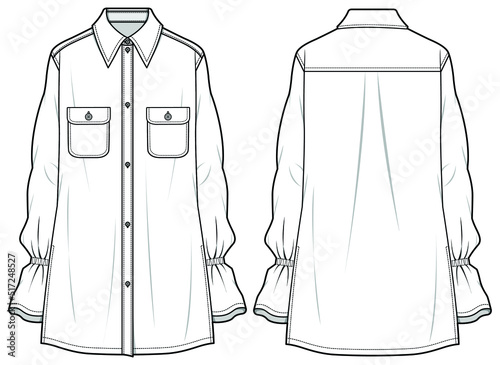 women poet sleeve long shirt with pockets, poet sleeve shirt dress  Front and Back View. fashion illustration vector, CAD, technical drawing, flat drawing.	