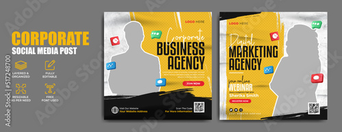 Digital marketing webinar and corporate business social media post template. Online annual conference, seminar or meeting promotion web banner. Modern flyer or poster with abstract background & icon  