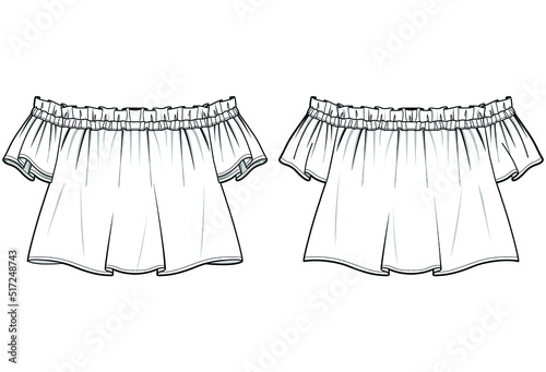 Short Sleeve Frilled Off Shoulder Crop Top Front and Back View. Fashion Illustration Vector, CAD, Technical Drawing, Flat drawing.