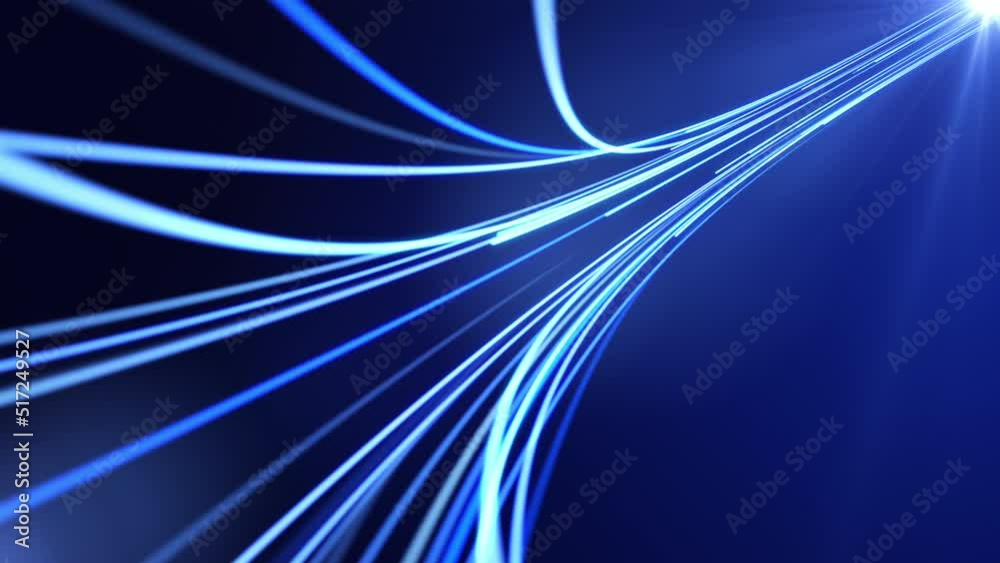 Digital data flow stream - abstract computer generated blue background. Glowing lines represent concept of fiber optic cable. Seamless loop animation.