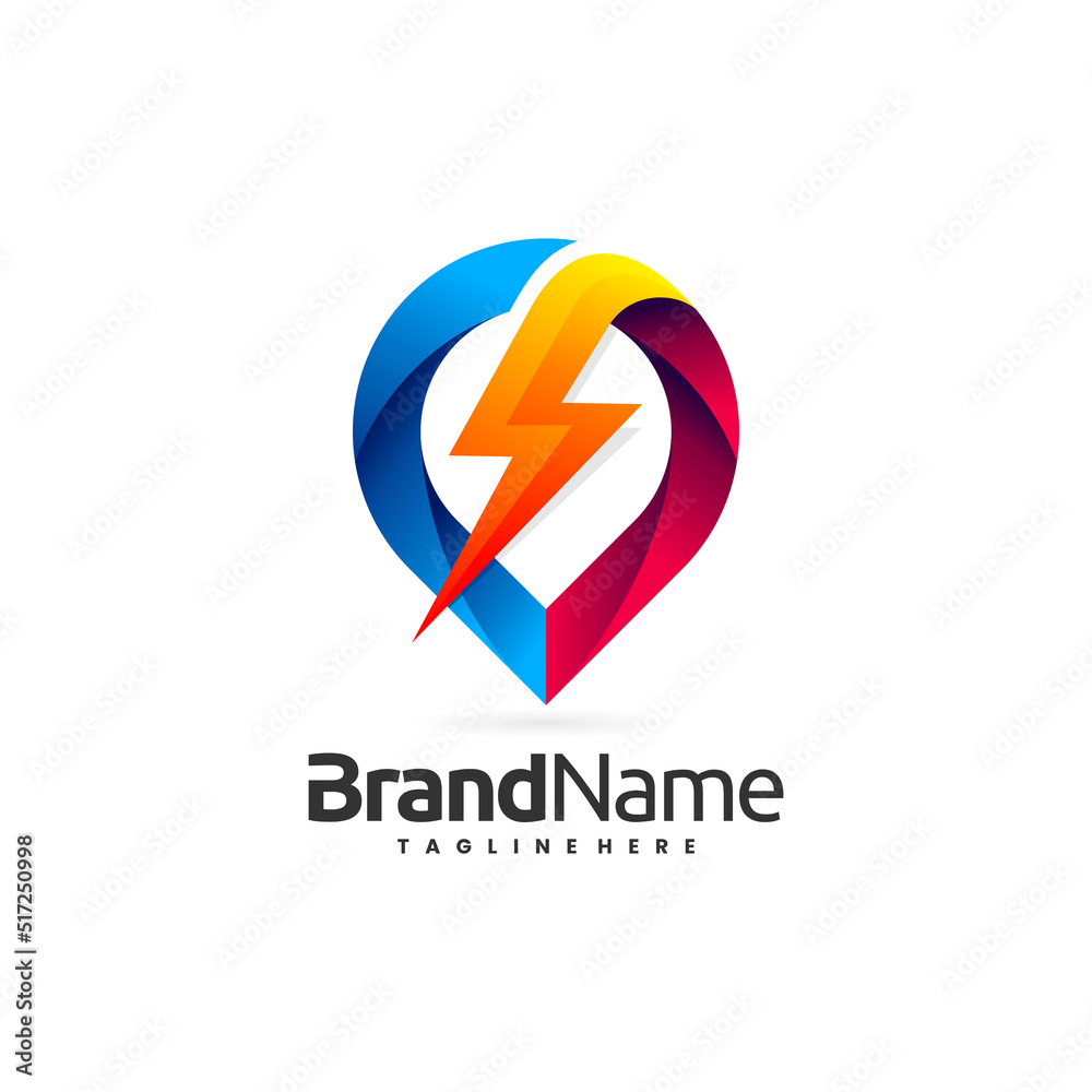 electric logo with pin location shapes in colorful style - thunder point vector logo electric logo with pin location shapes in colorful style - thunder point vector logo