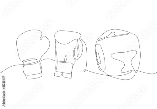 Boxing set with gloves and helmet one line art. Continuous line drawing of MMA gloves, shingard, mixed martial arts, sport, sports, activity, struggle, fight, athlete, strength, aggression, training
