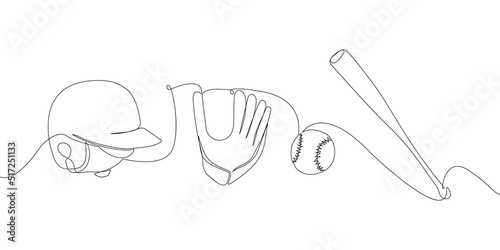 Baseball set with glove, ball, helmet, bat one line art. Continuous line drawing player, pitcher, hardball, softball, sports, activity, american, game, training, leisure, uniform, professional match