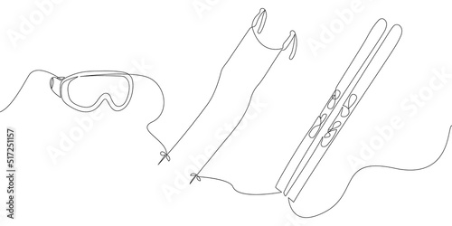 Ski set with racing poles and goggles one line art. Continuous line drawing of sport, winter, , player, sports, activity, skiing, ski, mountains, hill, game, vacation adventure tourism snow play
