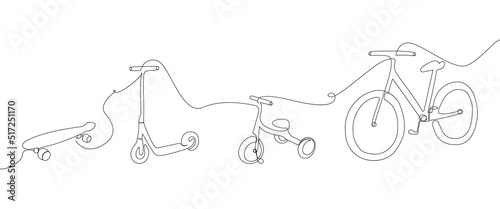 Bike, kick scooter, skate one line art. Continuous line drawing of sport, transportation, children, fun, roller, hobby, mobile, cycle, riding, fitness, bike, activity downhill