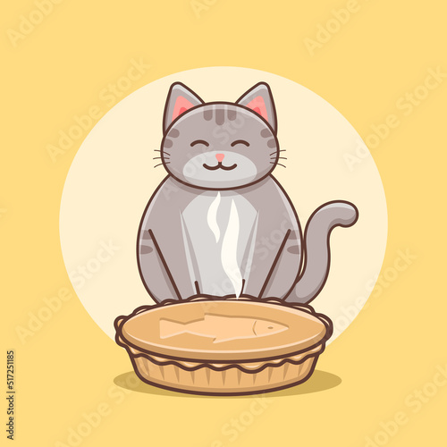 Cute smiling plump gray cat with fish pie on yellow