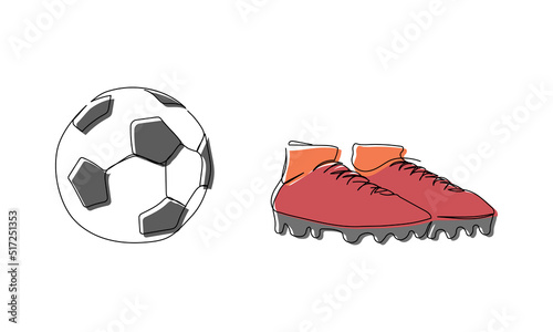 Soccer, football colored set with ball and cleats one line art. Continuous line drawing of football ball, sport, running, ball sports, activity, athlete, game, training, goal, play, color.