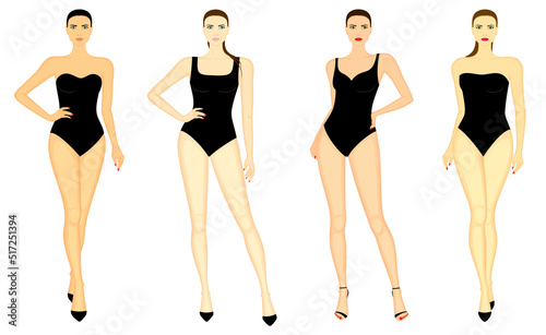 Fashion illustration of young women in swimsuit, vector set in color, isolated, on white background