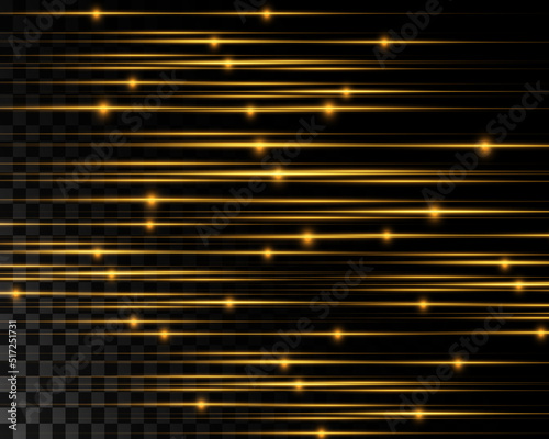Neon golden horizontal lines with bright bursts of light on a transparent background. Vector illustration
