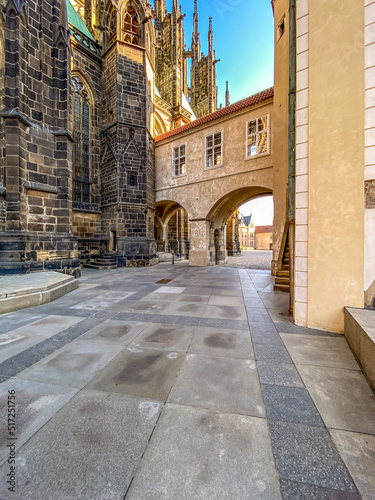 Prague Castle in the spring morning sun. Narrow streets, stairs and wonderful palaces in Prague Castle. A unique sight without a crowd of tourists on a wonderful spring morning. Prague Castle has been