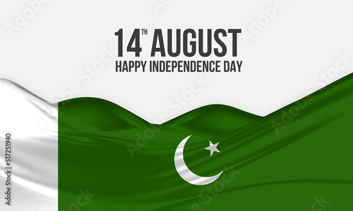 14th August Happy Independence Day Pakistan greeting design. Waving Pakistani flag made of satin or silk fabric. Vector Illustration.