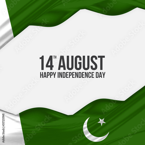 14th August Happy Independence Day Pakistan greeting design. Waving Pakistani flag made of satin or silk fabric. Vector Illustration.