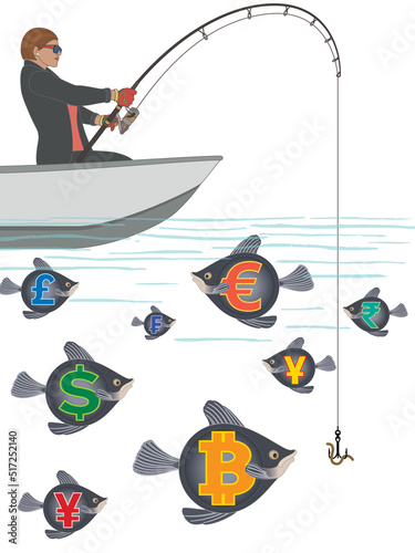 businesswoman fishing in a boat for different types of currency isolated on a white background