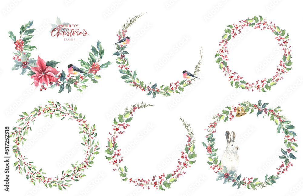 Merry Christmas watercolor illustration set.Winter forest pine, cone, holly berry,bird,poinsettia,bunny. Woodland floral, animal frame,wreath,bouquet. Create greeting card, invitation,postcard,design