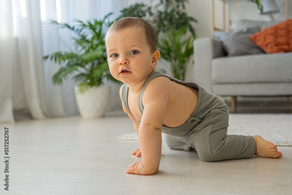 Horizontal shot of cute funny infant crawling along floor, looking at the camera, feeling happy and concentrated. Child playing at home concept Horizontal shot of cute funny infant crawling along floor, looking at the camera, feeling happy and concentrated. Child playing at home concept