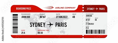 Red and white Airplane ticket design. Realistic illustration of airplane boarding pass with passenger name and destination. Concept of travel, journey or business trip. Isolated on white background
