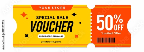 yellow and orange special sale Coupon template with exclusive offer up to 50 percent off. Gift voucher with 50 percent discount, special promo code website vector illustration