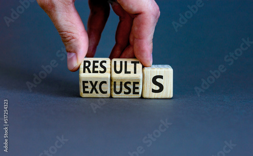 Result or excuse symbol. Concept words Results or excuses on wooden blocks. Businessman hand change words Excuses on Results. Beautiful grey background. Business Result or excuse concept. Copy space. photo