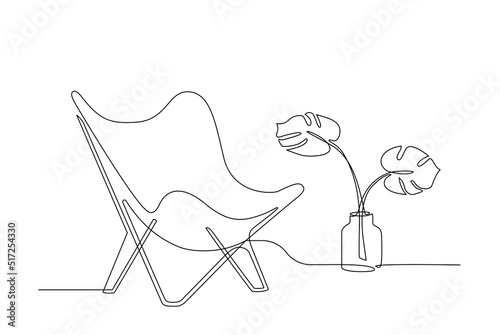 Interior with armchair and plant in Continuous One line style. Single line drawing of Living room with modern furniture editable stroke. Handdraw contour. Doodle vector