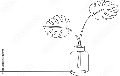 One line drawing of House plant monstera in pot. Continuous line handdrawn of Beautiful flower Isolated. Minimalist Vector illustration of tree. Editable stroke
