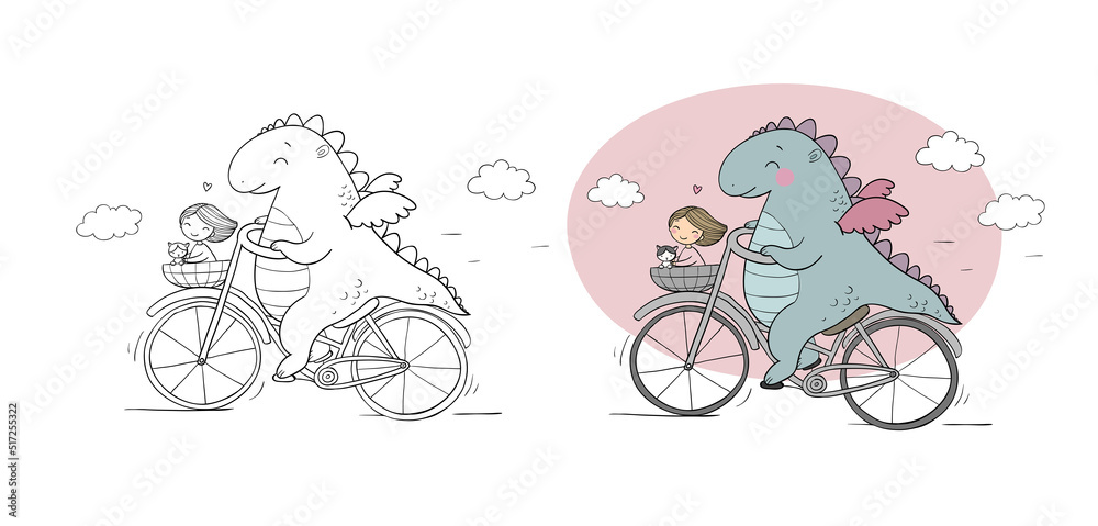 funny cartoon dinosaur on a bicycle. Cute dragon traveler, girl and cat.