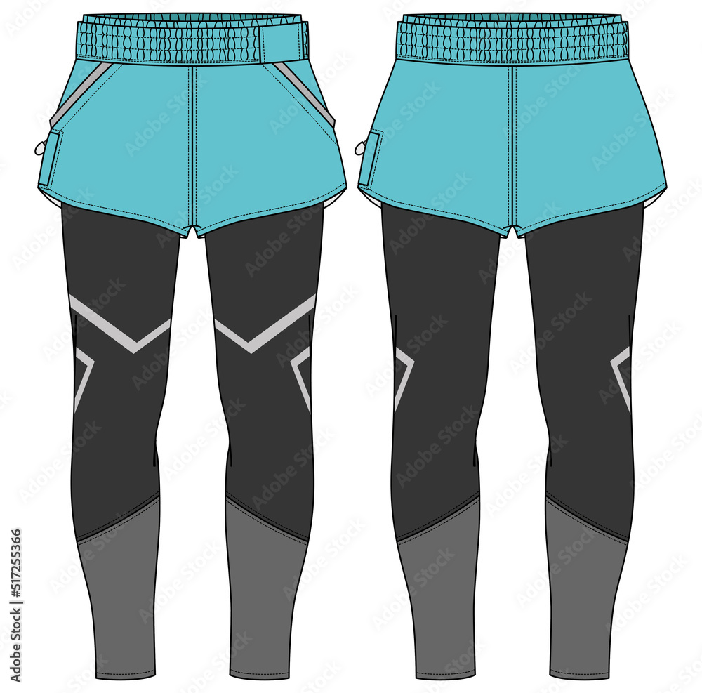 Women Running trail skort Shorts with compression leggings tights jersey  design flat sketch fashion Illustration for girls and Ladies, shorts  concept with front and back view for tracking active wear. Stock Vector