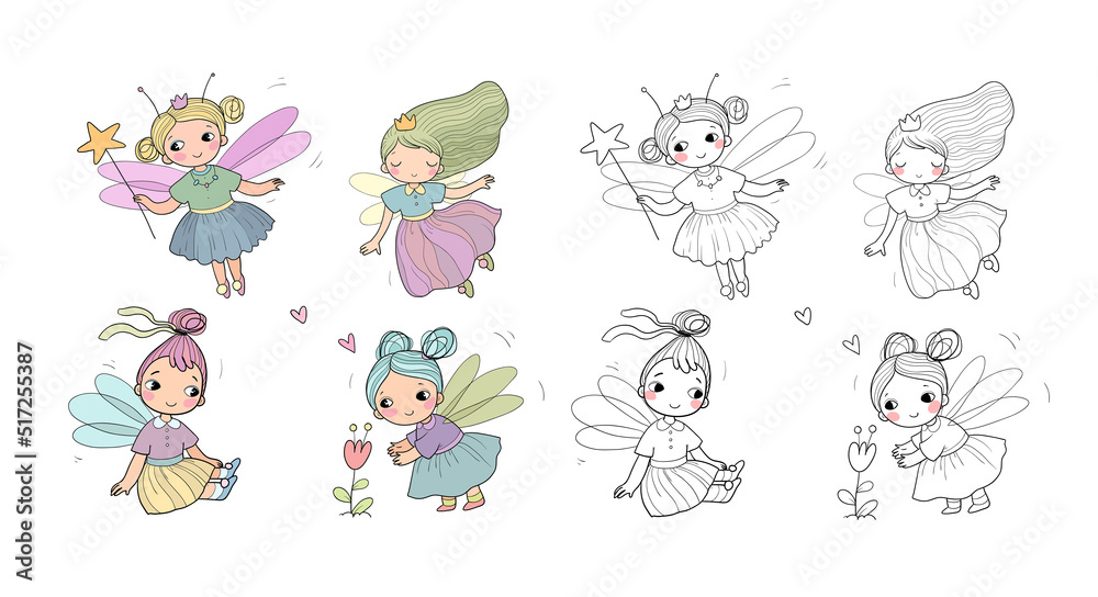 Fototapeta premium Set with cute cartoon fairies. Wood elves. Little girls princess with wings fly over flowers. Funny ladybug. Vector illustration