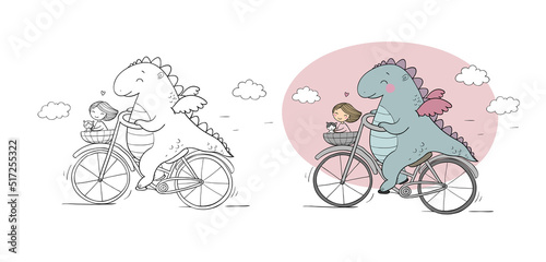 funny cartoon dinosaur on a bicycle. Cute dragon traveler, girl and cat.
