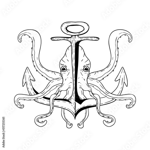 Monochrome illustration of anchor in sketch style. Hand drawings in art ink style. Black and white graphic.