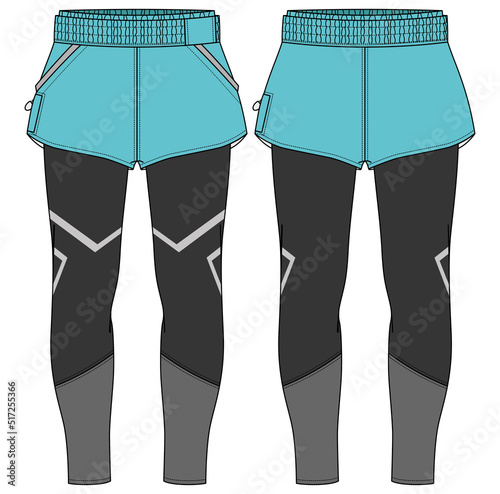 Women Running trail skort Shorts with compression leggings tights jersey design flat sketch fashion Illustration for girls and Ladies, shorts concept with front and back view for tracking active wear.