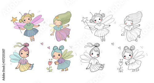 Set with cute cartoon fairies. Wood elves. Little girls princess with wings fly over flowers. Funny ladybug. Vector illustration