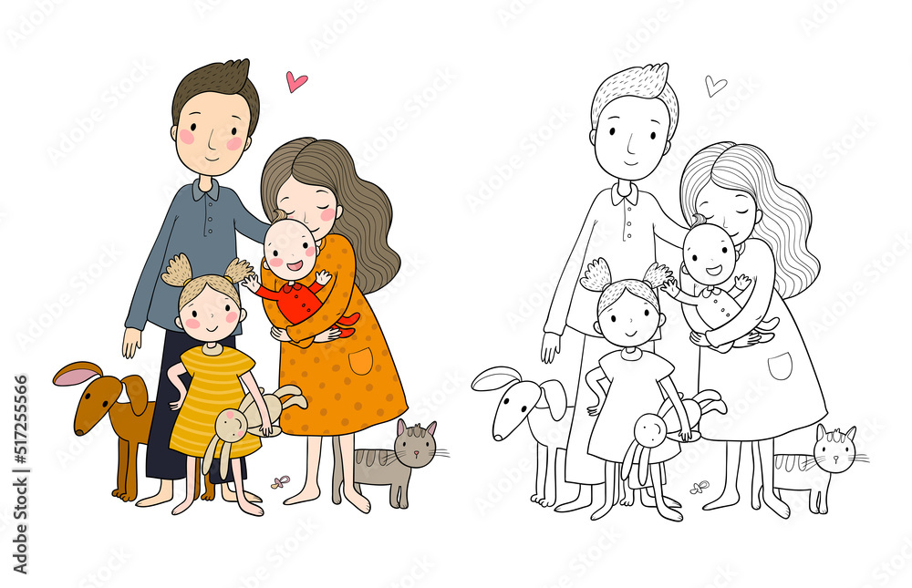 A happy family. Parents with children. Cute cartoon dad, mom, daughter and baby. Funny pet cat and dog A happy family. Parents with children. Cute cartoon dad, mom, daughter and baby. Funny pet cat and dog