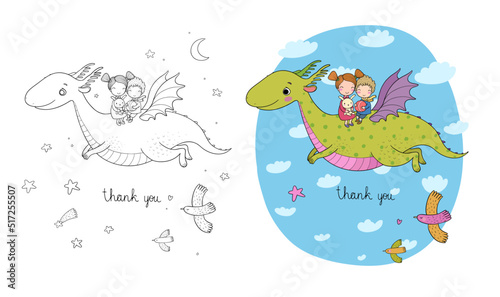 cute little kids are flying a dragon. Cartoon brother  sister and dinosaur.