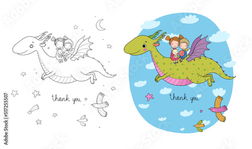 cute little kids are flying a dragon. Cartoon brother, sister and dinosaur.