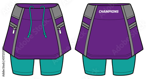 Women Running trail mini skirt with compression under short tights jersey design flat sketch fashion Illustration for girls and Ladies, Skort concept with front and back view for tracking active wear.