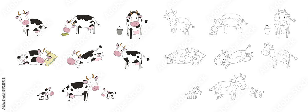 Set with cute cartoon cow. Farm animals