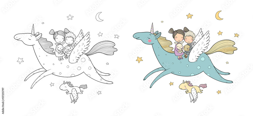 Obraz premium Prince and princess are flying on a unicorn. Cute cartoon kids and magic pony.