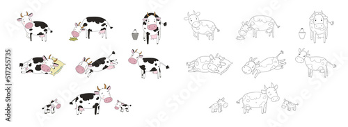 Set with cute cartoon cow. Farm animals