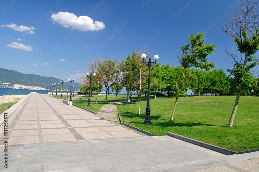 Obraz premium View of the embankment and the beach of Novorossiysk. Russia