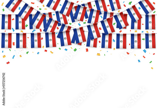 Paraguay flags garland white background with confetti, Hanging bunting for Independence Day celebration template banner, Vector illustration