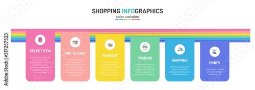 Concept of shopping process with 6 successive steps. Six colorful graphic elements. Timeline design for brochure, presentation, web site. Infographic design layout.